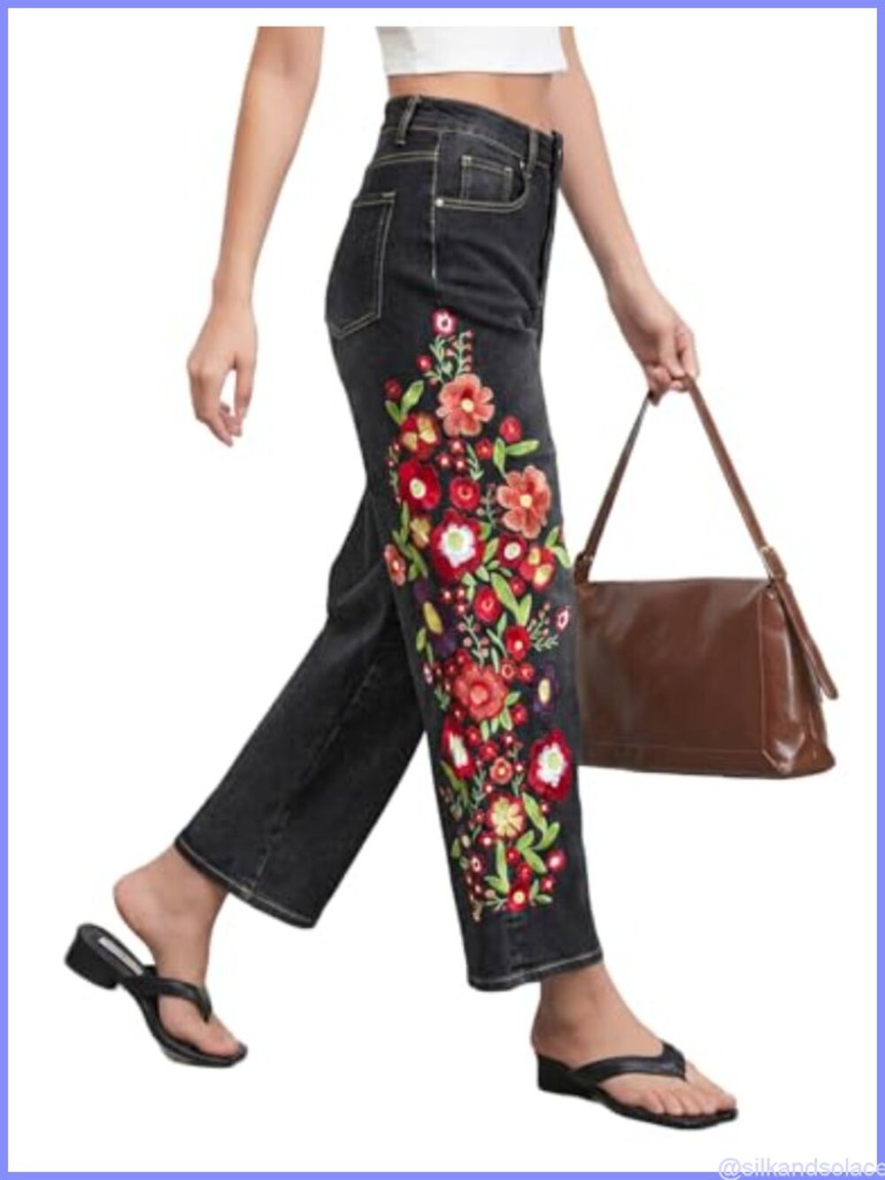 Women's Floral Print Cropped Jeans Boho Casual Mid Rise Straight Denim Ankle